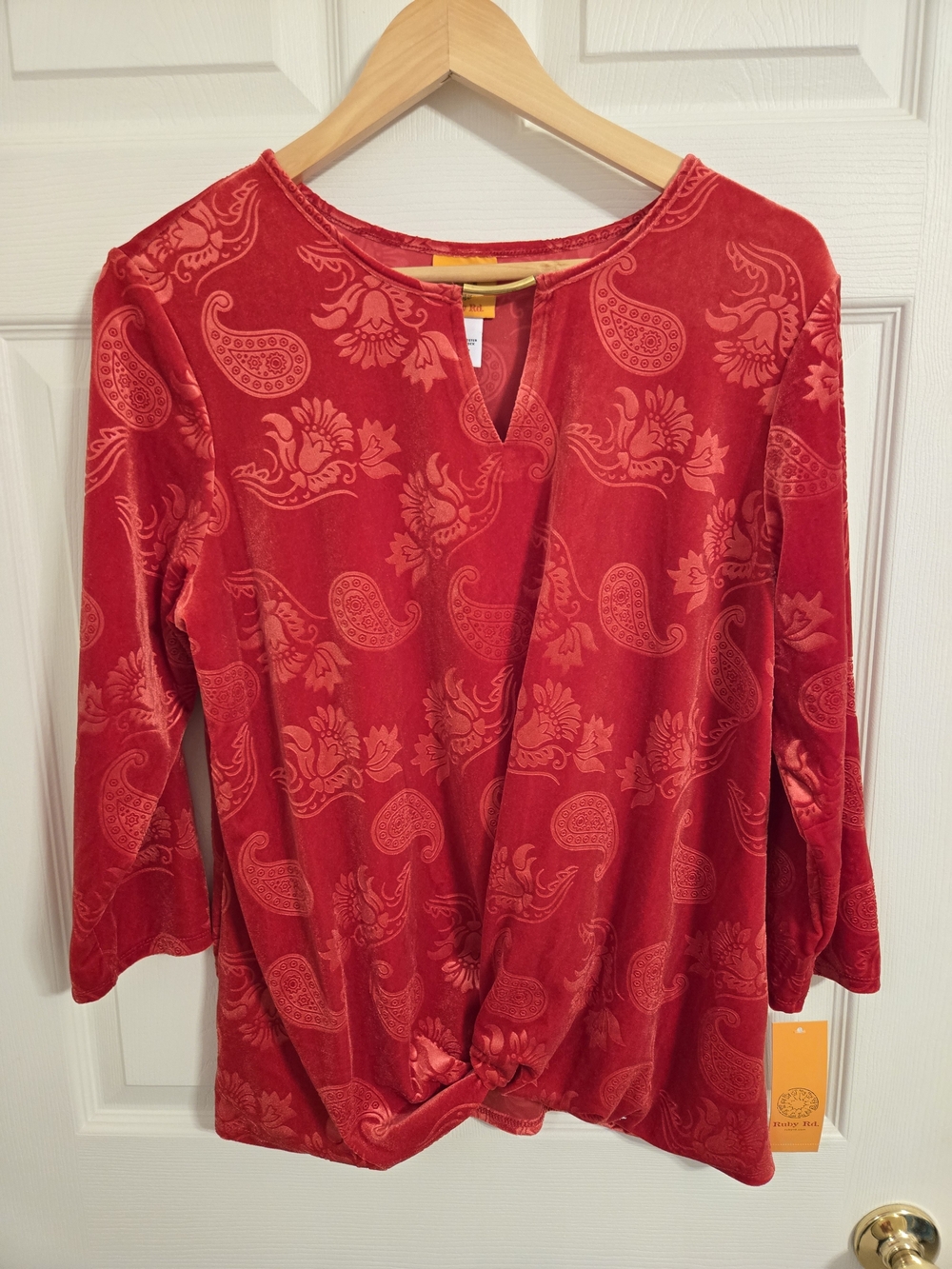 Ruby Rd. Red Paisley Twist-Front Velour  Blouse Size Medium